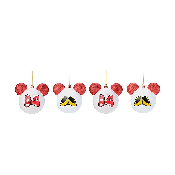 Bola de Natal Laço e Sapato Minnie - Branco/Vermelho - 8cm - 4 unidades - Cromus - Rizzo