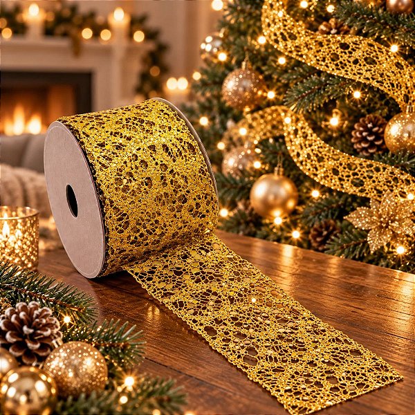 Fita Decorativa - Telada com Glitter Dourado - 6x914cm - 1 unidade - Rizzo