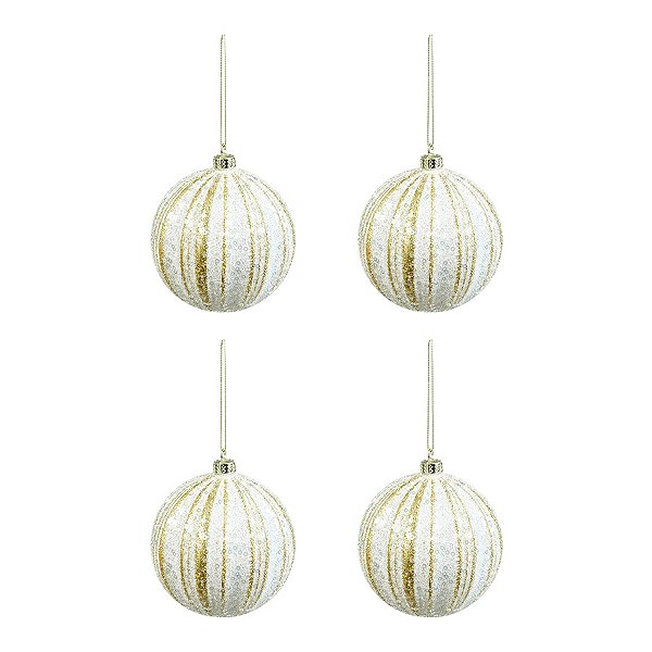 Bola de Natal Paete com Listras - Branco/Ouro Glitter - 10cm  - 4 unidades - Cromus - Rizzo