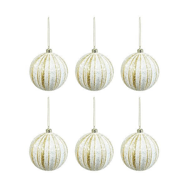 Bola de Natal Paete com Listras - Branco/Ouro Glitter - 8cm  - 6 unidades - Cromus - Rizzo