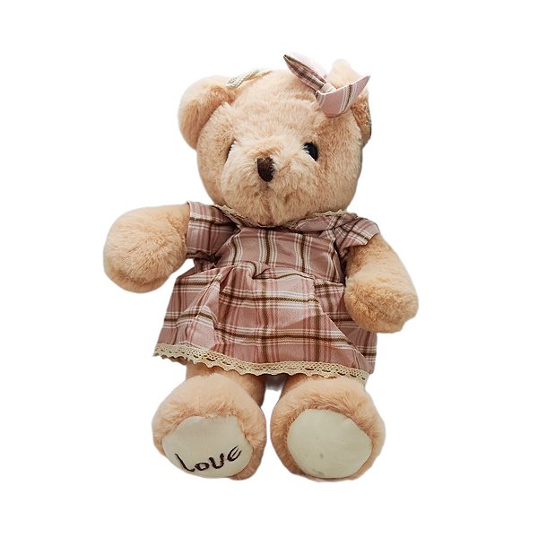 Urso de Pelúcia com Vestido Xadrez - Rosa - 37cm - 1 unidade - Rizzo
