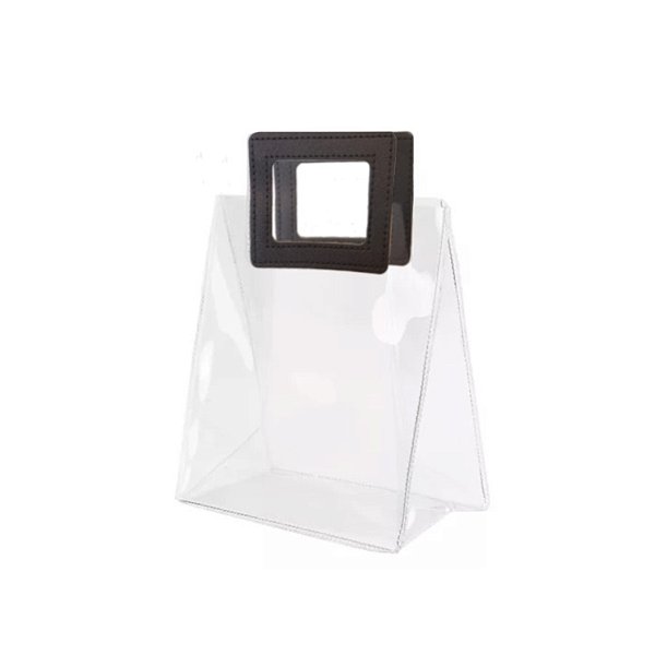 Sacola Transparente PVC com Alça Quadrada de Couro Preta - 15x15x10 - 1 unidade - Rizzo