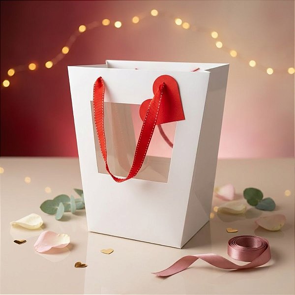 Sacola de Papel com visor duplo de PVC 22x13x13cm - Branca com Alça Vermelha e Tag de Coração - 1 unidade - Rizzo