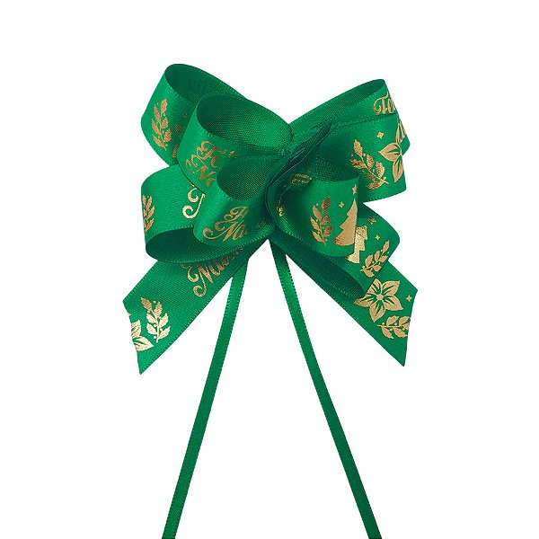 Laço Fácil de Fita de Cetim Decorada - Verde com Frase Feliz Natal - 22mm - 5 unidades - Progresso - Rizzo