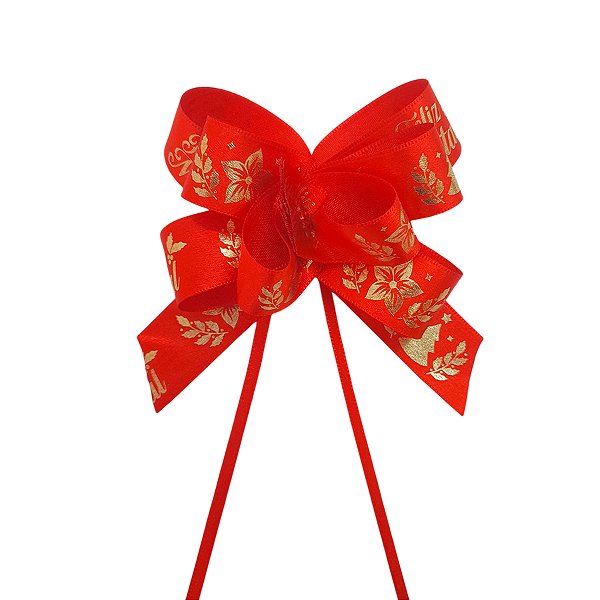 Laço Fácil de Fita de Cetim Decorada - Vermelha com Frase Feliz Natal - 22mm - 5 unidades - Progresso - Rizzo