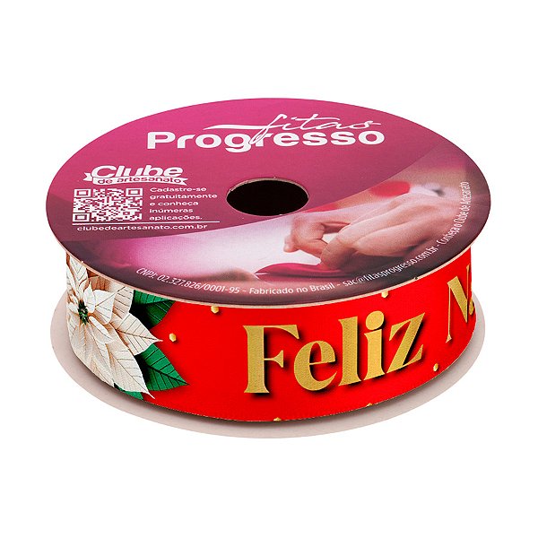 Fita de Cetim 10m x 22mm - Cor 185 - Frase Feliz Natal com Flor de Natal - Rolo 10 metros - 1 unidade - Progresso