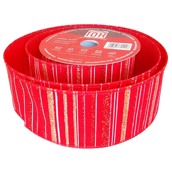 Fita Decorativa - Vermelha com Listras de Glitter - 6x914cm - 1 unidade - Rizzo