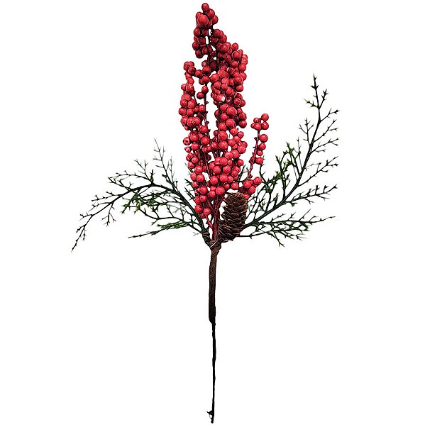 Galho Decorativo de Natal - Pinhas e Frutinhas Vermelhas - 31cm - 1 unidade - Rizzo