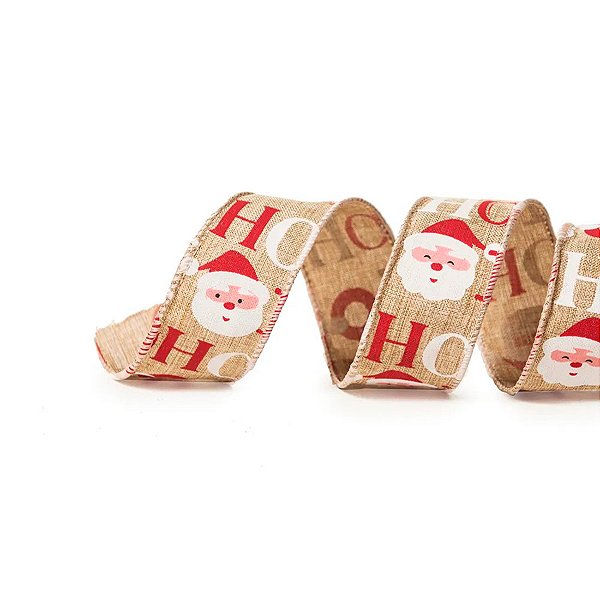 Fita Aramada Veludo - HoHoHo - Natural e Vermelho - 6,3cm x 9,14m  - 1 unidade - Cromus - Rizzo
