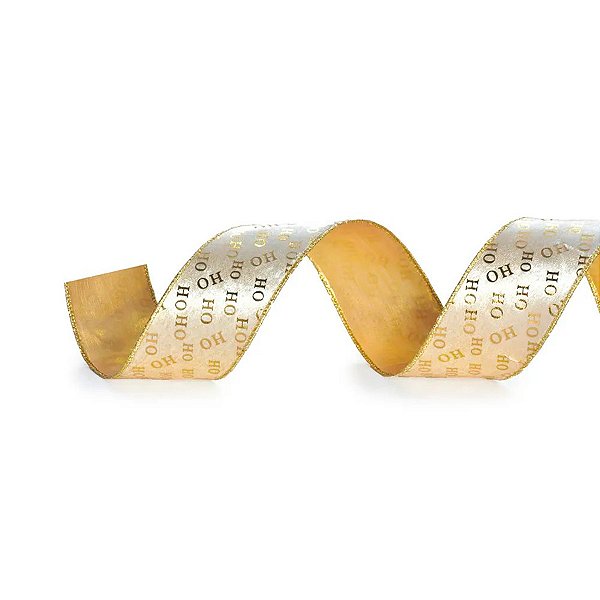 Fita Aramada Veludo - HoHoHo - Marfim e Ouro - 6,3cm x 9,14m  - 1 unidade - Cromus - Rizzo