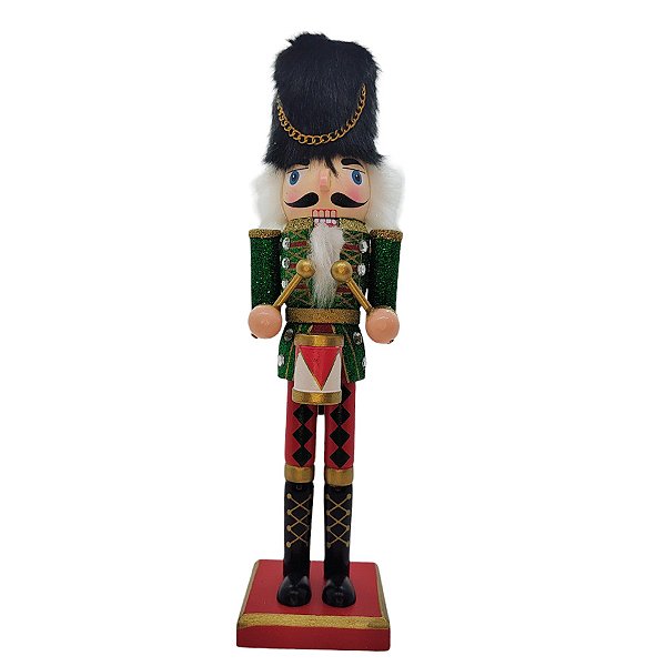 Boneco Soldado Quebra Nozes de Madeira com Tambor - 30cm - Verde e Vermelho - 1 unidade - Rizzo