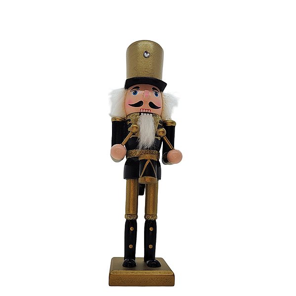 Boneco Soldado Quebra Nozes de Madeira com Tambor - 25cm - Preto e Dourado - 1 unidade - Rizzo