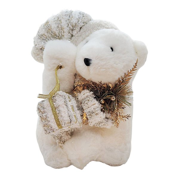 Enfeite de Natal - Urso Branco Sentado de Cachecol - 32,5x20,5x24,5cm - 1 unidade - Rizzo