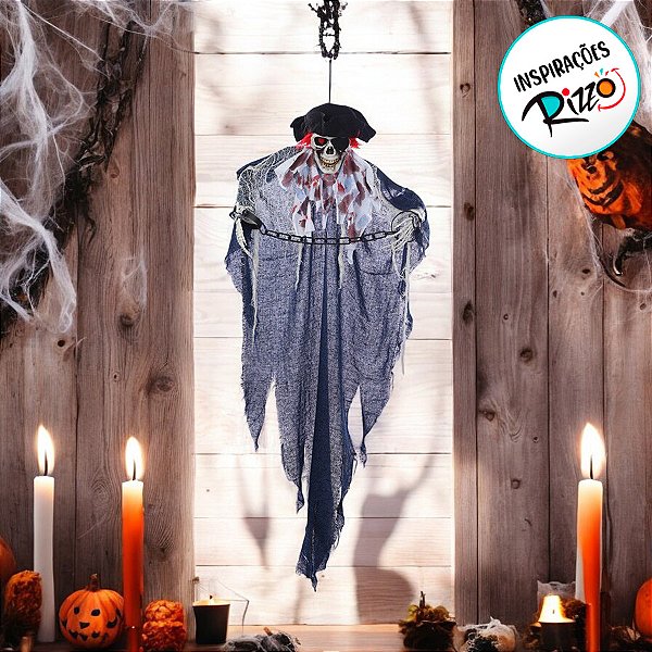Enfeite Decorativo de Halloween Com Luz e Som - Caveira Pirata Elliot - 120cm - 1 unidade - Cromus - Rizzo