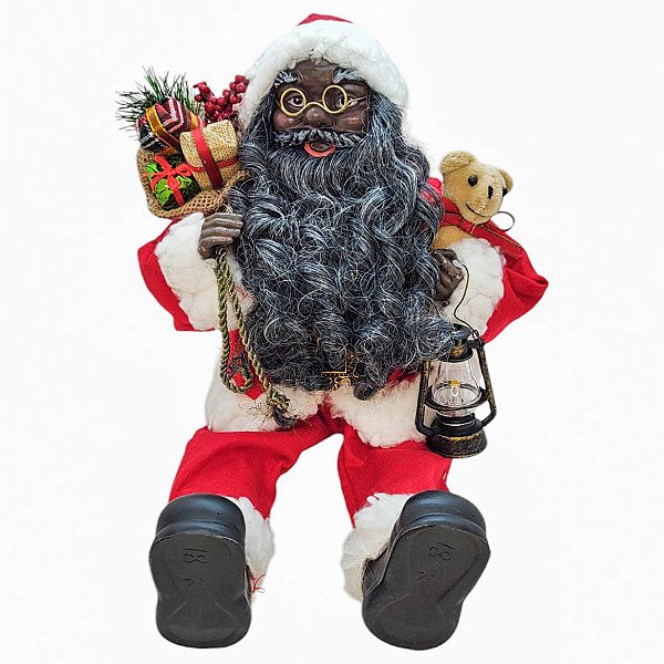 Papai Noel Negro Decorativo Sentado com Saco de Presentes e Lamparina - 45cm - 1 unidade - Rizzo
