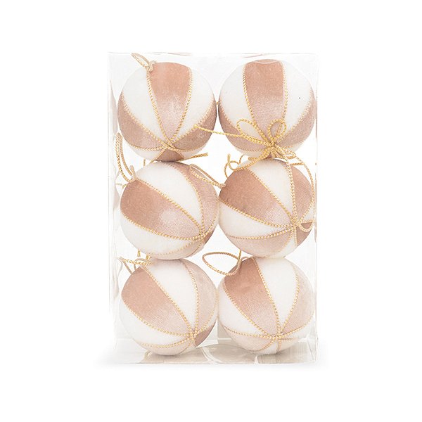 Bola de Natal de Veludo - Branco e Champanhe - 8cm  - 6 unidades - Cromus - Rizzo