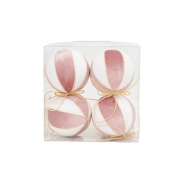 Bola de Natal de Veludo - Branco e Rose - 10cm  - 4 unidades - Cromus - Rizzo