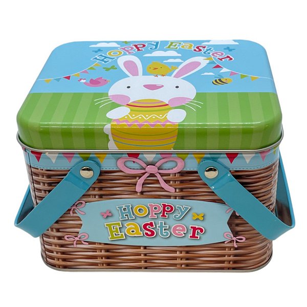 Lata de Metal Retangular com Alça Dupla de Páscoa - Hoppy Easter - 15,3x12,7x10,6cm - 1 unidade - Rizzo