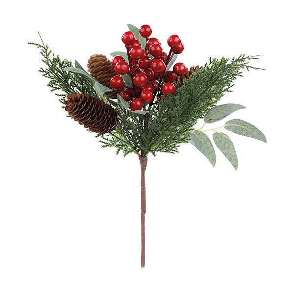 Galho Decorativo - Berry Vermelhas e Pinhas - 37cm - 1 unidade - Cromus - Rizzo