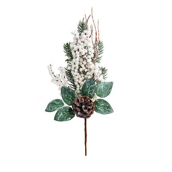 Galho Decorativo de Natal - Frutinhas Brancas com Pinha Nevada - 35cm - 1 unidade - Cromus - Rizzo