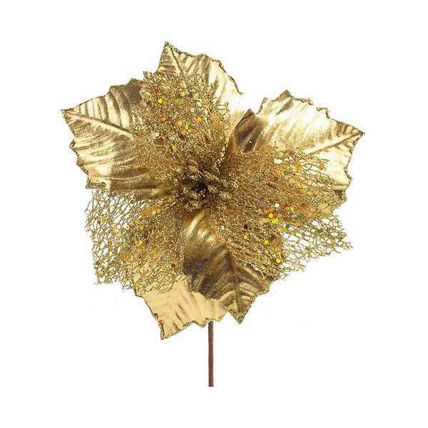 Poinsétia Decorativa - Branca com Glitter Dourado - 26cm - 1 unidade - Cromus - Rizzo