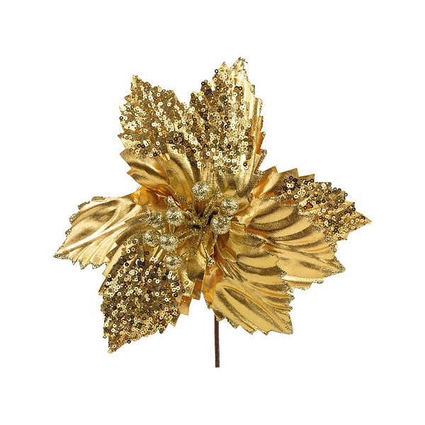 Poinsétia Decorativa - Mostarda com Glitter Dourado - 25cm - 1 unidade - Cromus - Rizzo