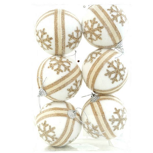 Bola de Natal - Flocos de Neve e Juta - 8cm - 6 unidades - Cromus - Rizzo