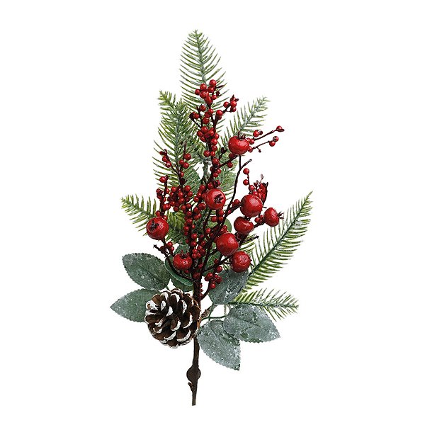 Galho Decorativo - Galho com Frutas Vermelhas, Marrom Verde - 48cm - 1 unidade - Cromus - Rizzo