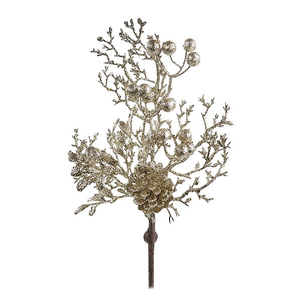 Pick Decorativo de Natal - Frutas e Pinhas Champagne - 32cm - 1 unidade - Cromus - Rizzo