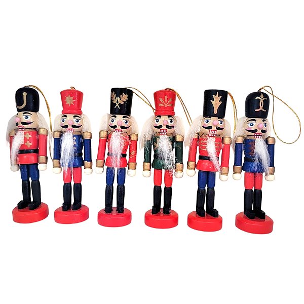 Kit Boneco Soldado Quebra Nozes de Madeira - 10cm - Chapéu Preto e Vermelho - 6 unidades - Rizzo - Rizzo