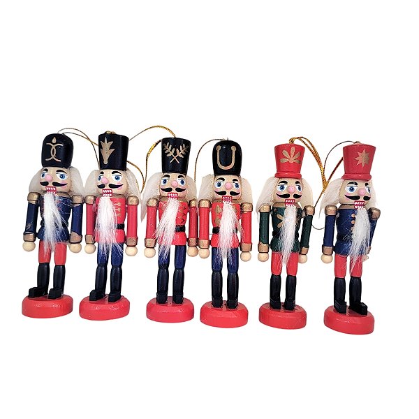 Kit Boneco Soldado Quebra Nozes de Madeira - 10cm - Chapéu Preto e Vermelho - 6 unidades - Rizzo - Rizzo
