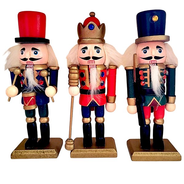 Kit Boneco Soldado Quebra Nozes de Madeira - 15cm - Verde, Azul e Vermelho - 3 unidades - Rizzo - Rizzo