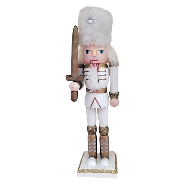 Boneco Soldado Quebra Nozes de Madeira Com Espada - 18,5cm - Branco e Dourado - 1 unidade - Rizzo - Rizzo