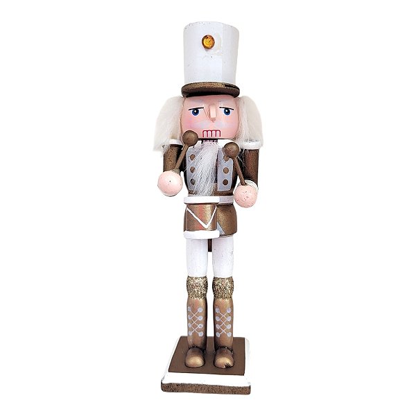 Boneco Soldado Quebra Nozes de Madeira Com Tambor - 18,5cm - Branco e Dourado - 1 unidade - Rizzo - Rizzo