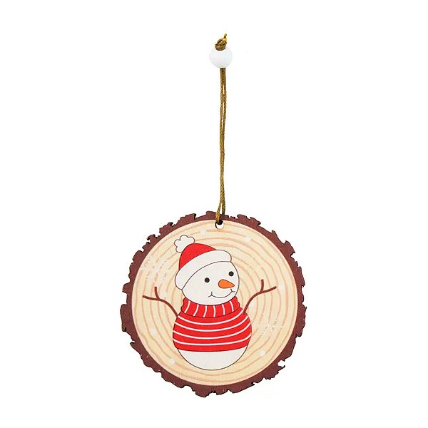 Enfeite para Pendurar Redondo de Madeira - Boneco de Neve - 8cm - 1 unidade - Cromus - Rizzo