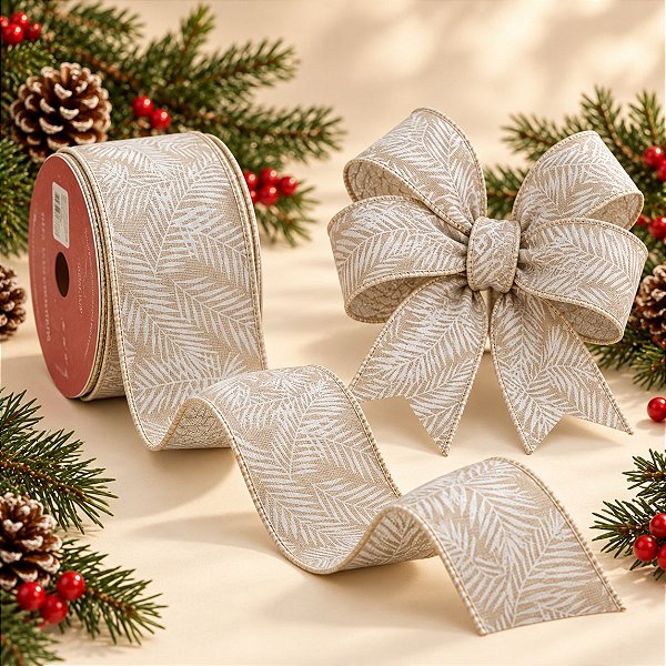 Fita Decorativa de Natal - Juta Com Folhas - 6,3cmx9,14m - 1 unidade - Rizzo