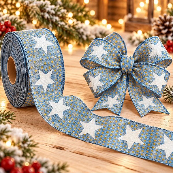 Fita Decorativa Aramada Jeans com Estrela Branca - 6,3cm x 91,4m - 1 unidade - Rizzo
