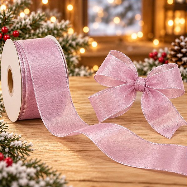 Fita Decorativa Aramada Rosa Claro Cintilante - 6,3cm x 9,14m - 1 unidade - Rizzo