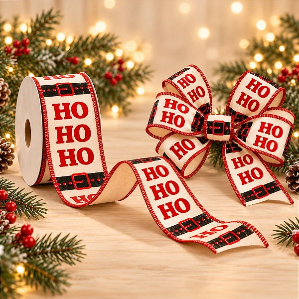 Fita Decorativa Aramada Cinto Papai Noel HoHo - 6,3cm x 9,14m - 1 unidade - Cromus - Rizzo