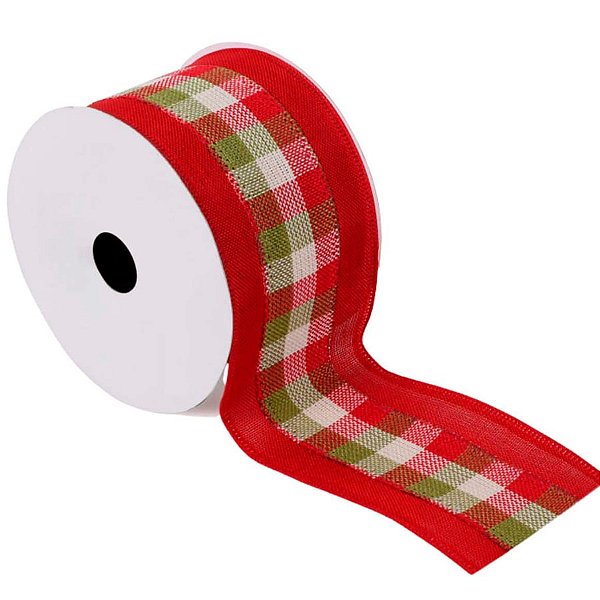 Fita Decorativa Aramada Xadrez Vermelho e Verde - 6,3cm x 9,14m - 1 unidade - Rizzo