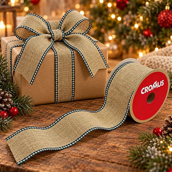 Fita Decorativa Aramada - Bege Escuro com Bordas Xadrez - 6,3cm x 9,14m - 1 unidade - Cromus - Rizzo