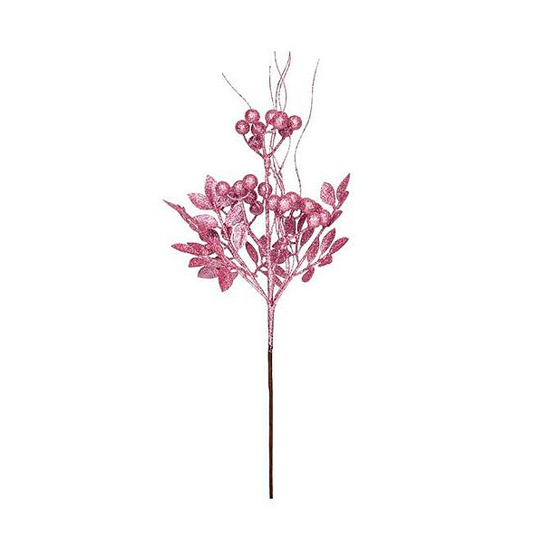Galho Decorativo - Folhas, Frutas com Glitter Rosa - 52cm - 1 unidade - Cromus - Rizzo