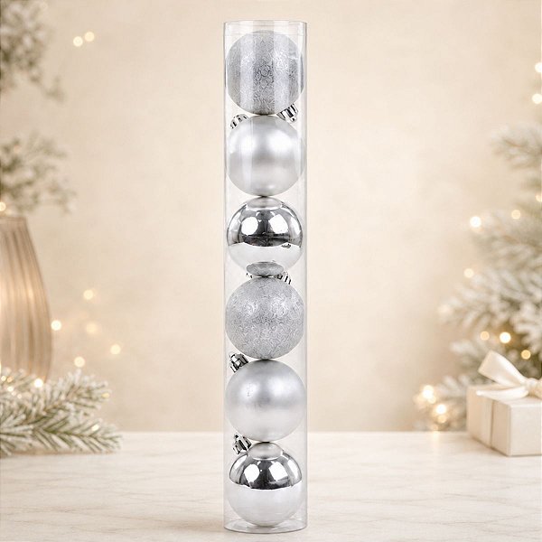 Bola De Natal em Tubo - Prata - 10cm - 6 unidades - Cromus - Rizzo