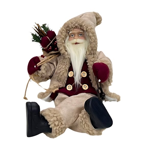 Papai Noel Decorativo Sentado Com Presente - Bege e Vinho - 30cm - 1 unidade - Rizzo