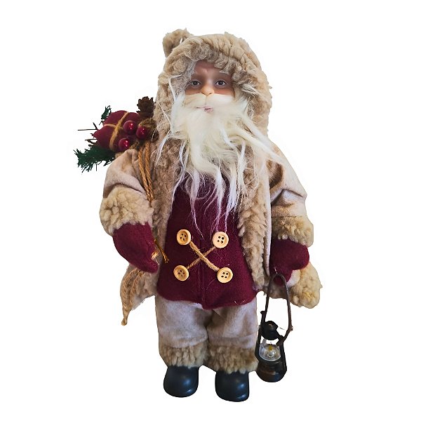 Papai Noel Decorativo Em Pé Com Presente - Bege e Vinho - 30cm - 1 unidade - Rizzo