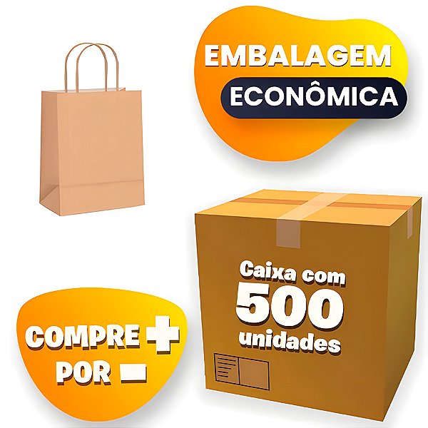 Sacola de Papel M 26x19,5x9,5cm - Kraft - Embalagem Econômica  - 500 unidades - Cromus - Rizzo