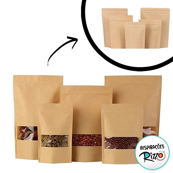 Saco de Papel Kraft com Visor Stand Up Pouch Zip 50 un