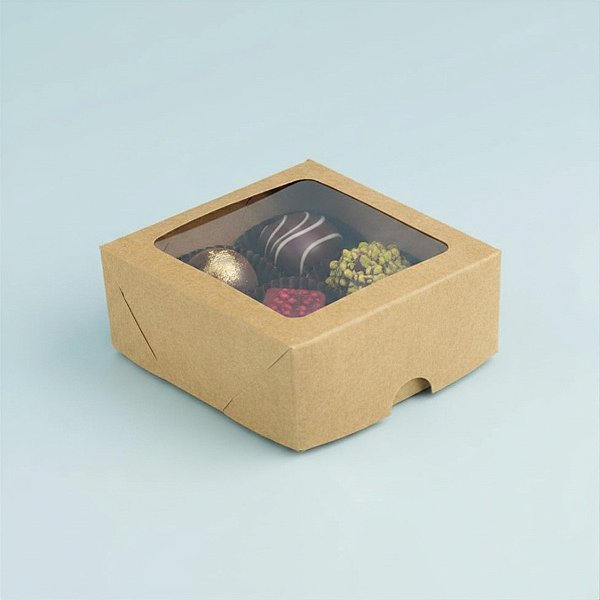 Caixa 4 Doces com Visor S11 (9cm x 9cm x 4cm) Kraft - 10 unidades - Assk - Rizzo Embalagens