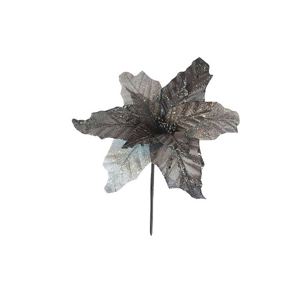 Poinsetia Decorativa De Natal - Prata Com Glitter - 55cm - 1 unidade - Rizzo
