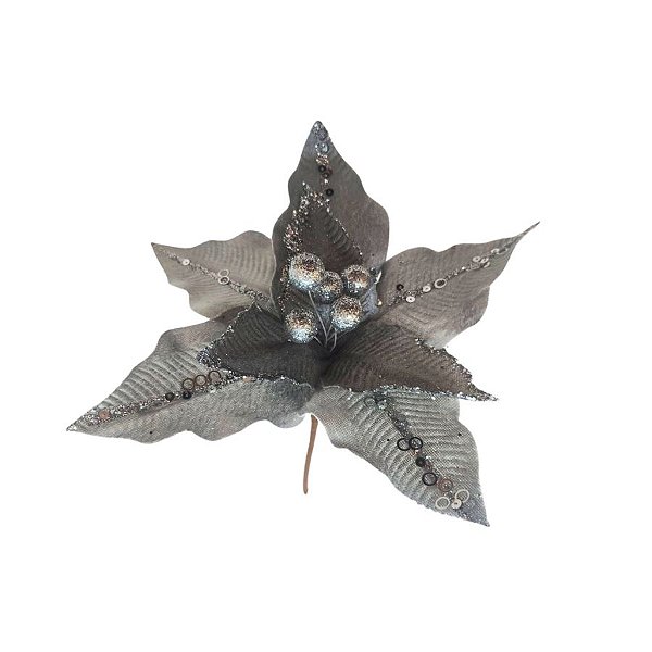 Poinsetia Decorativa De Natal - Prata - 34cm - 1 unidade - Rizzo